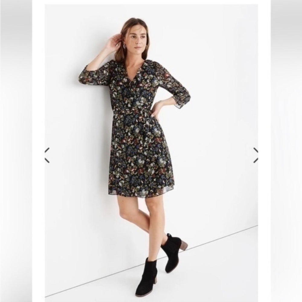Madewell Dress Sheer-Sleeve Ruffle Wrap In Finch Floral
